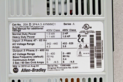 Allen-Bradley 20AD3P4A3AYNNNC1 PowerFlex 70 Adjustable Frequency Drive