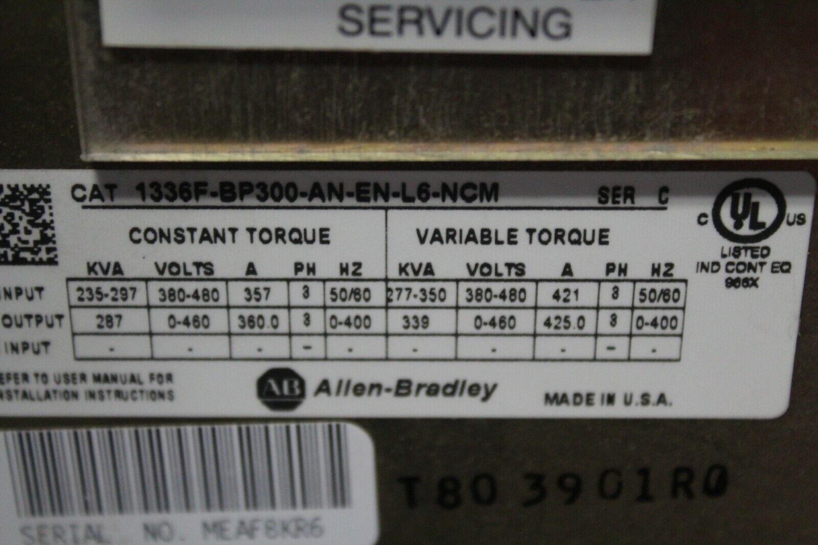 Allen Bradley 1336F-BP300-AN-EN-L6-NCM Drive and Cabinet
