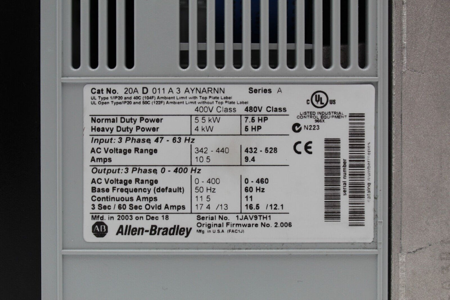 Allen-Bradley 20AD011A3AYNARNN PowerFlex 70 AC Drive