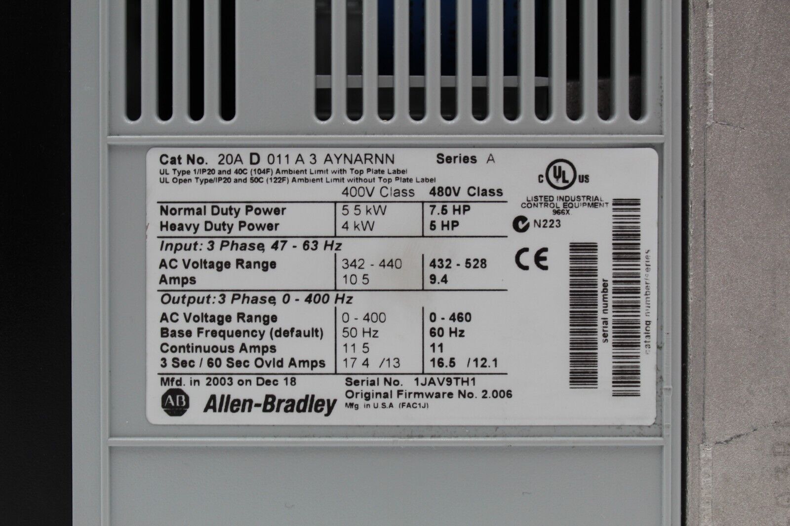Allen-Bradley 20AD011A3AYNARNN PowerFlex 70 AC Drive