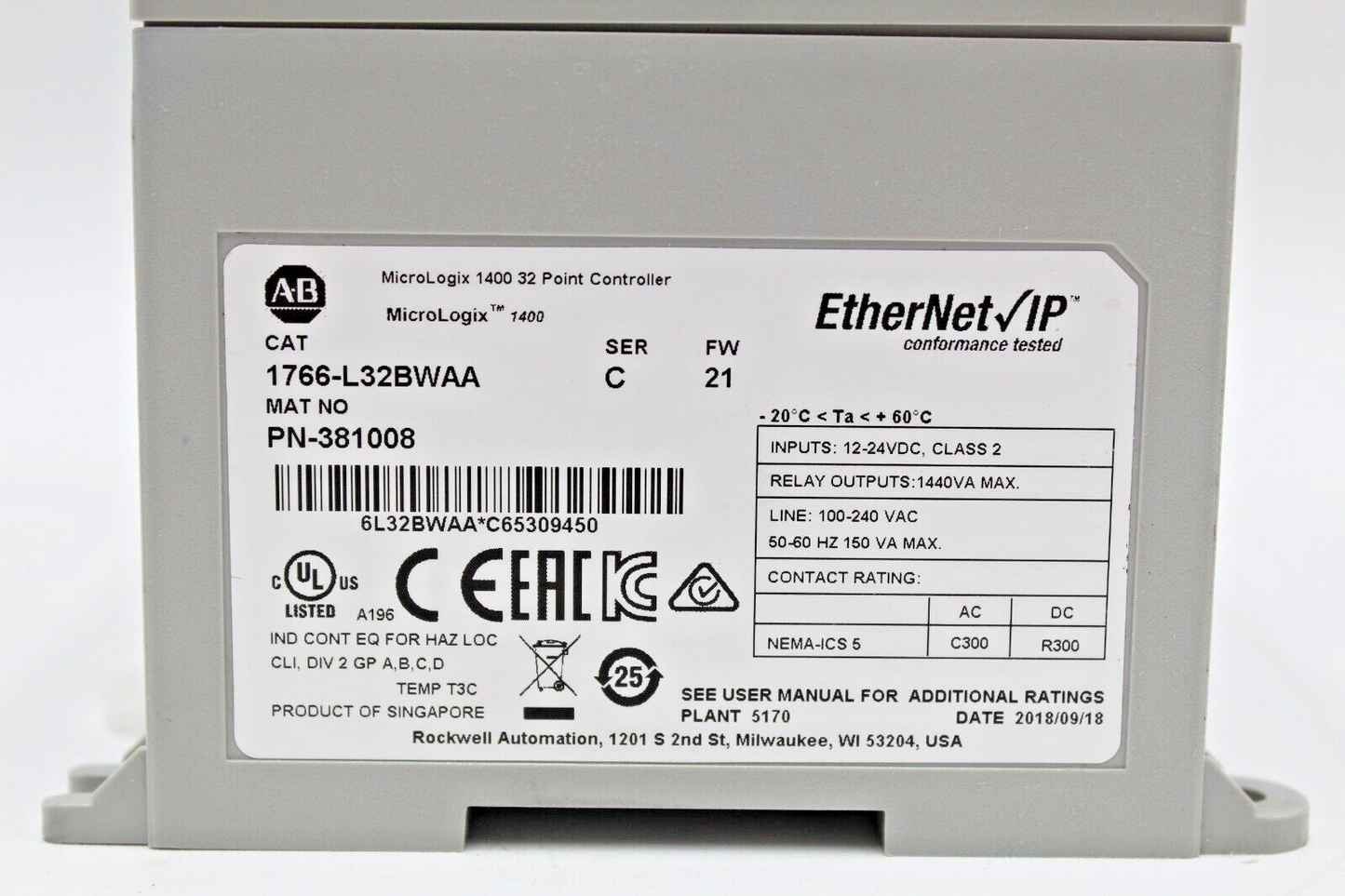 Allen Bradley 1766-L32BWAA MicroLogix 1400 Processor