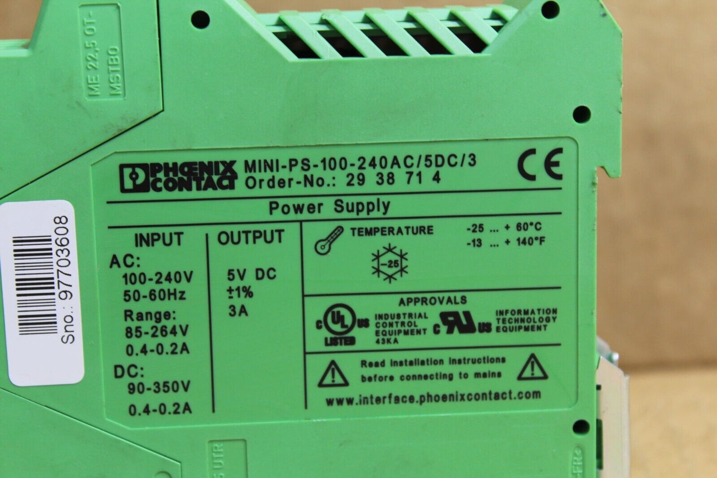 Phoenix Contact MINI-PS-100-240ac/5dc/3 Power Supply
