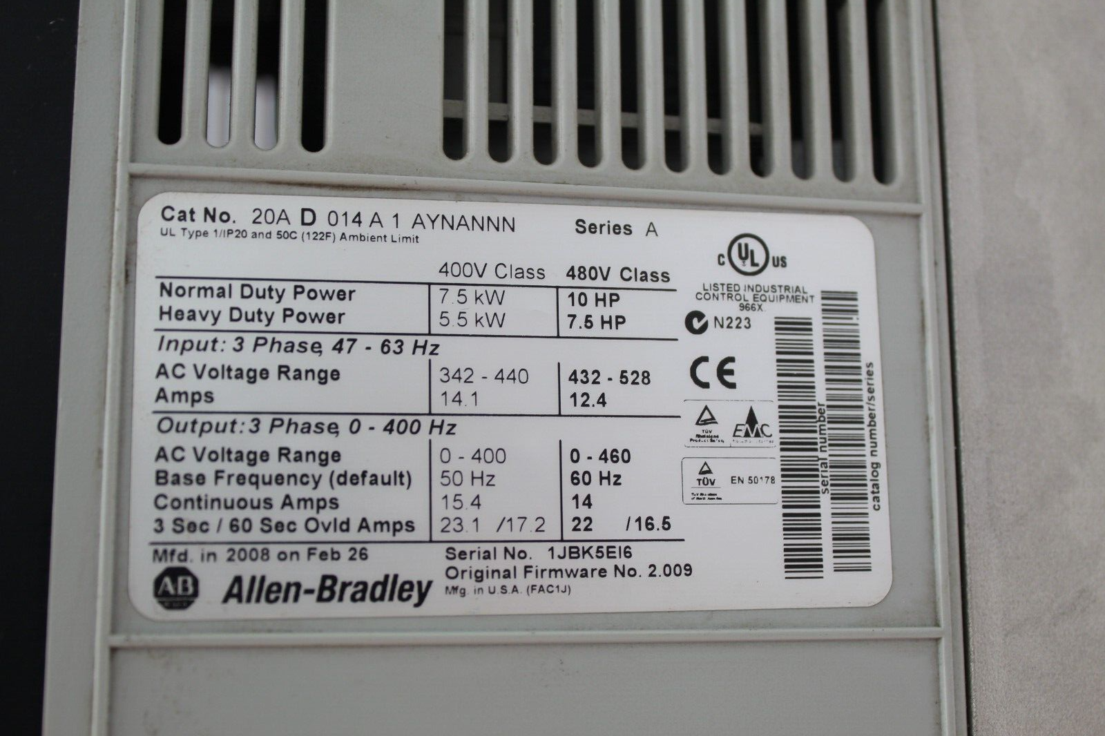 Allen Bradley 20AD014A1AYNANNN PowerFlex 70