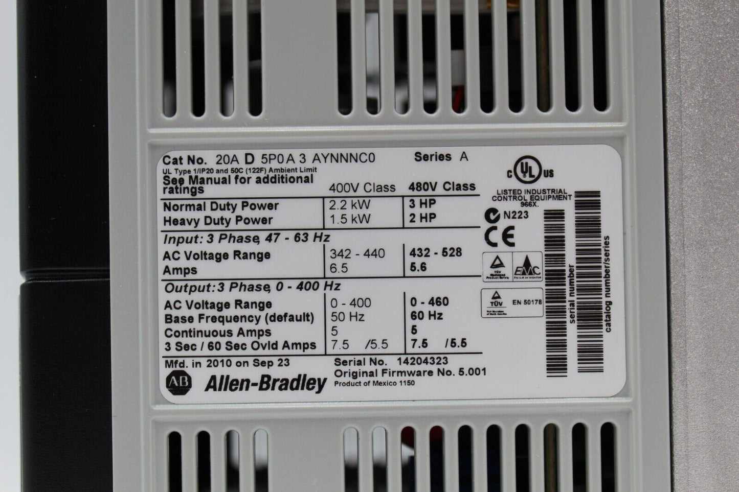 Allen-Bradley 20AD5P0A3AYNNNC0  PowerFlex 70 Adjustable Frequency Drive