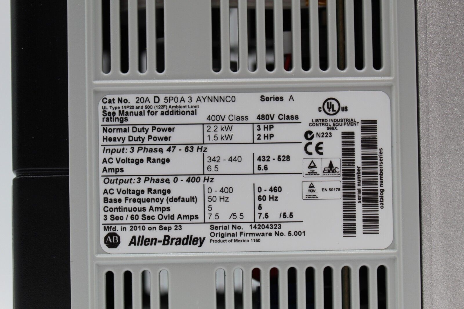 Allen-Bradley 20AD5P0A3AYNNNC0  PowerFlex 70 Adjustable Frequency Drive