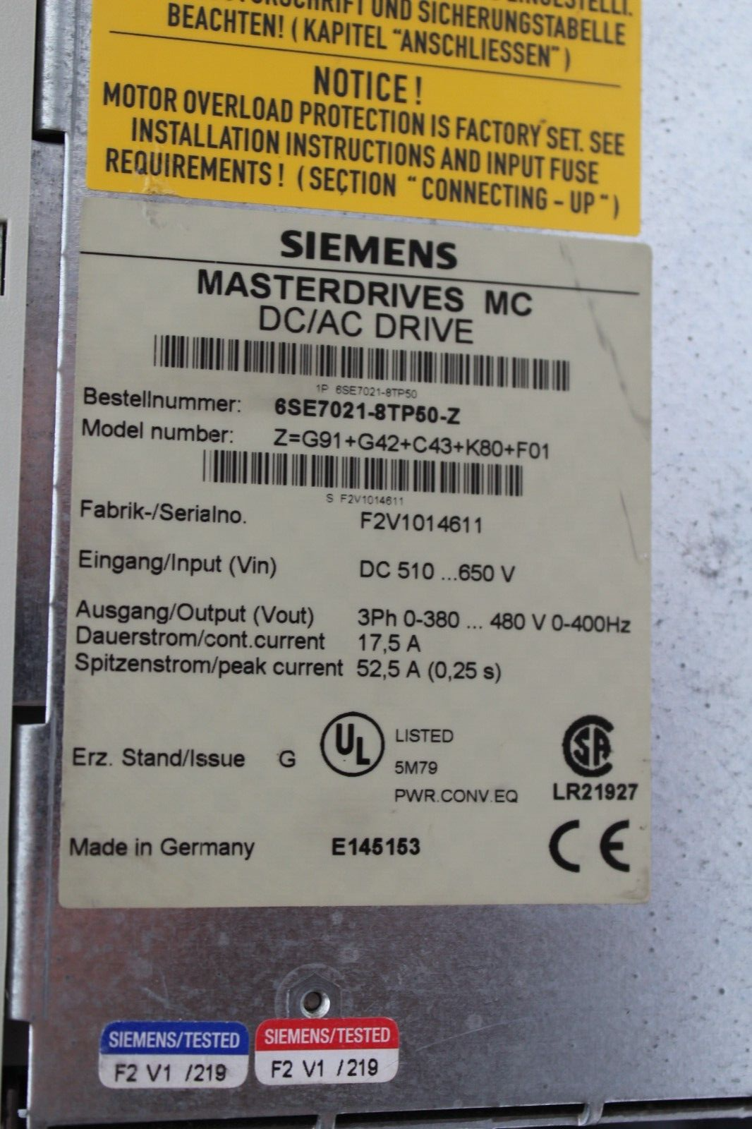 Siemens 6SE7021-8TP50-Z MasterDrives MC DC/AC Drive