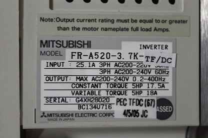 Mitsubishi FR-A520-3.7K-TF-DC Inverter FR-A520-3.7K-TF/DC
