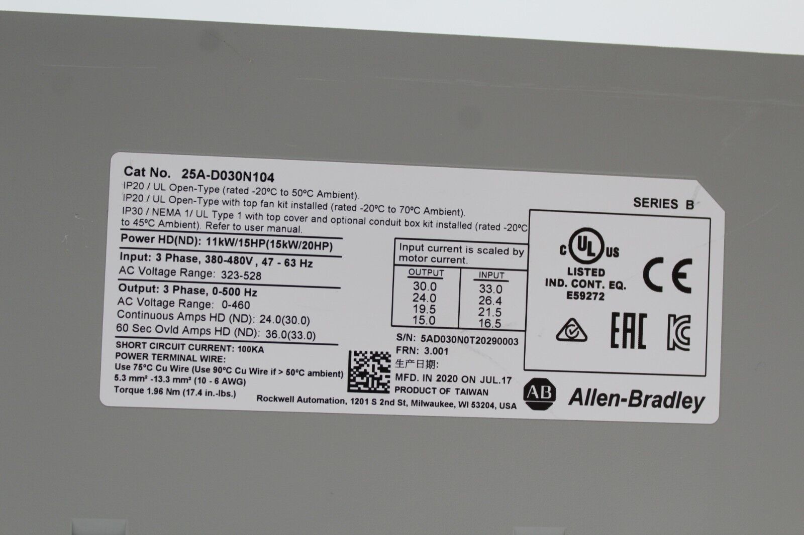 Allen-Bradley 25B-D030N104 PowerFlex 525 AC Drive