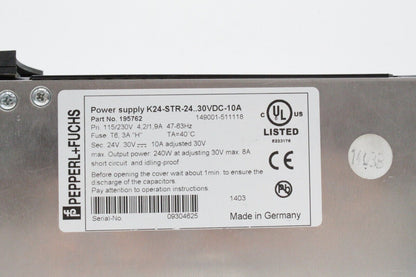 Pepperl + Fuchs K24-STR-24..30VDC-10A 8-10AMP Power Supply