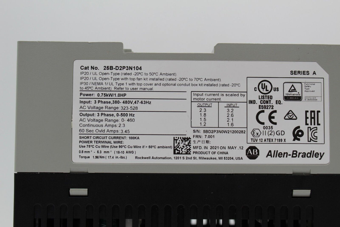 Allen-Bradley 25B-D2P3N104 Powerflex 525 3-Phase AC Drive (See Desc.)