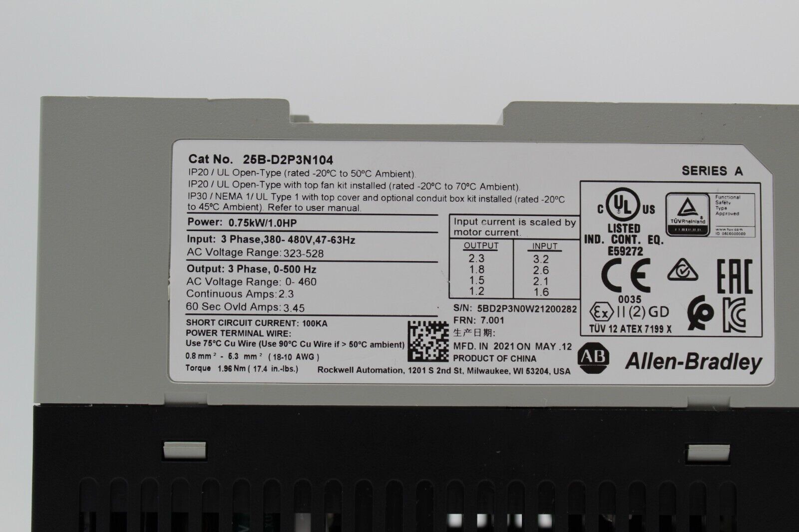 Allen-Bradley 25B-D2P3N104 Powerflex 525 3-Phase AC Drive (See Desc.)