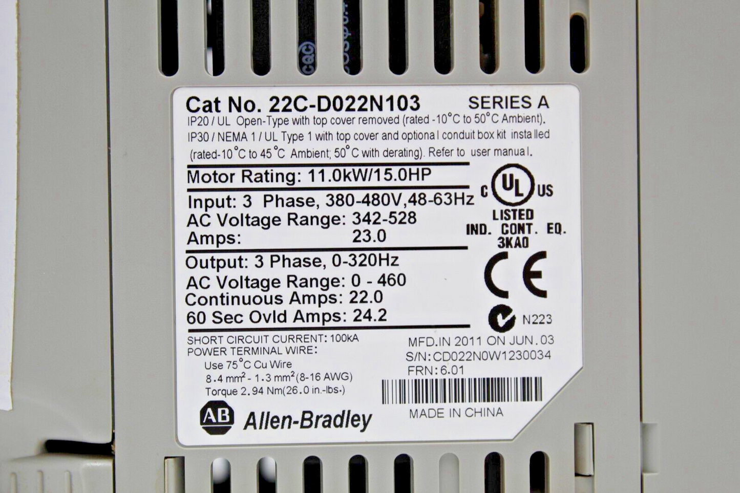 Allen-Bradley 22C-D022N103 PowerFlex 400 Adjustable Frequency AC Drive