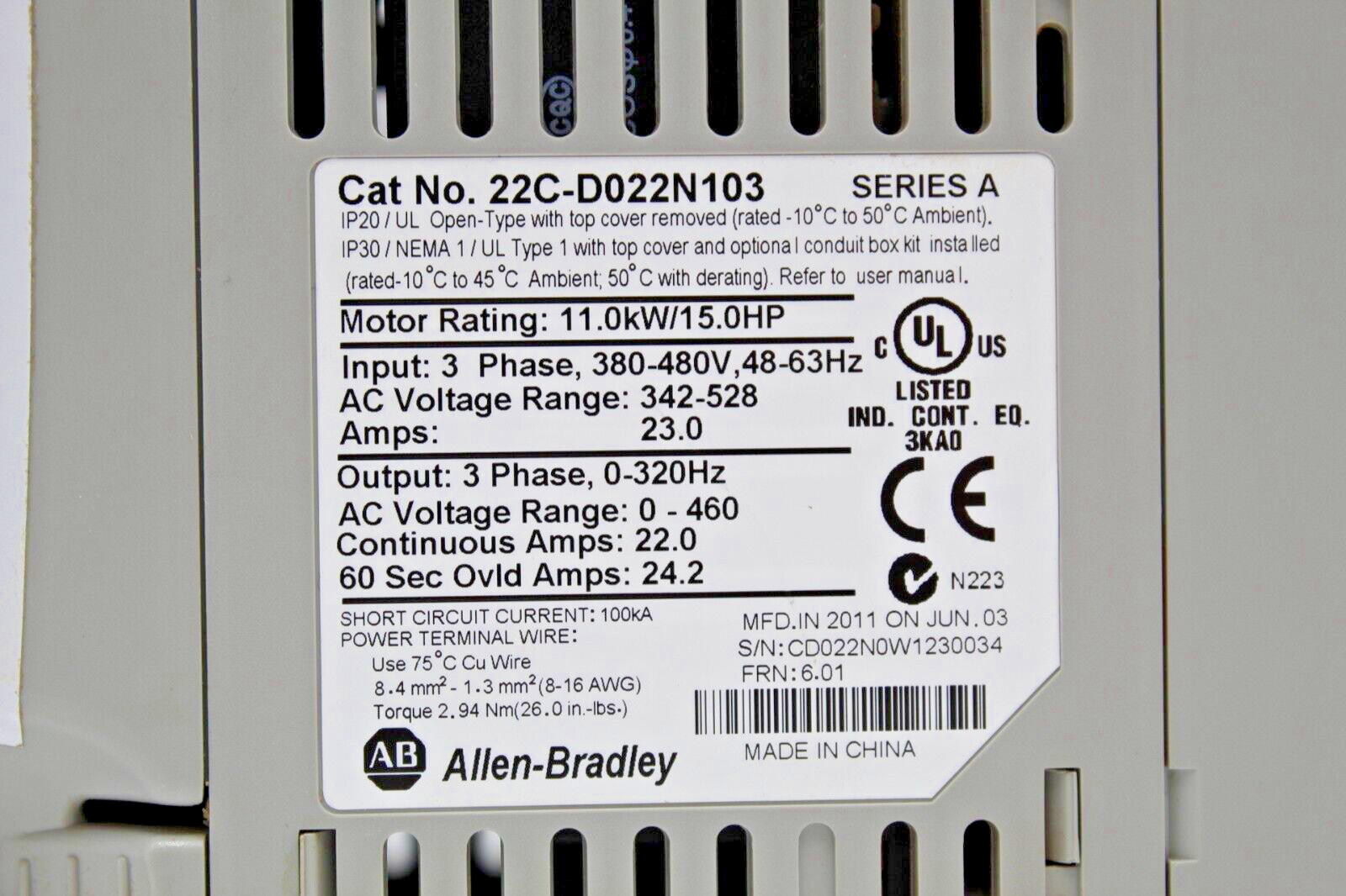 Allen-Bradley 22C-D022N103 PowerFlex 400 Adjustable Frequency AC Drive