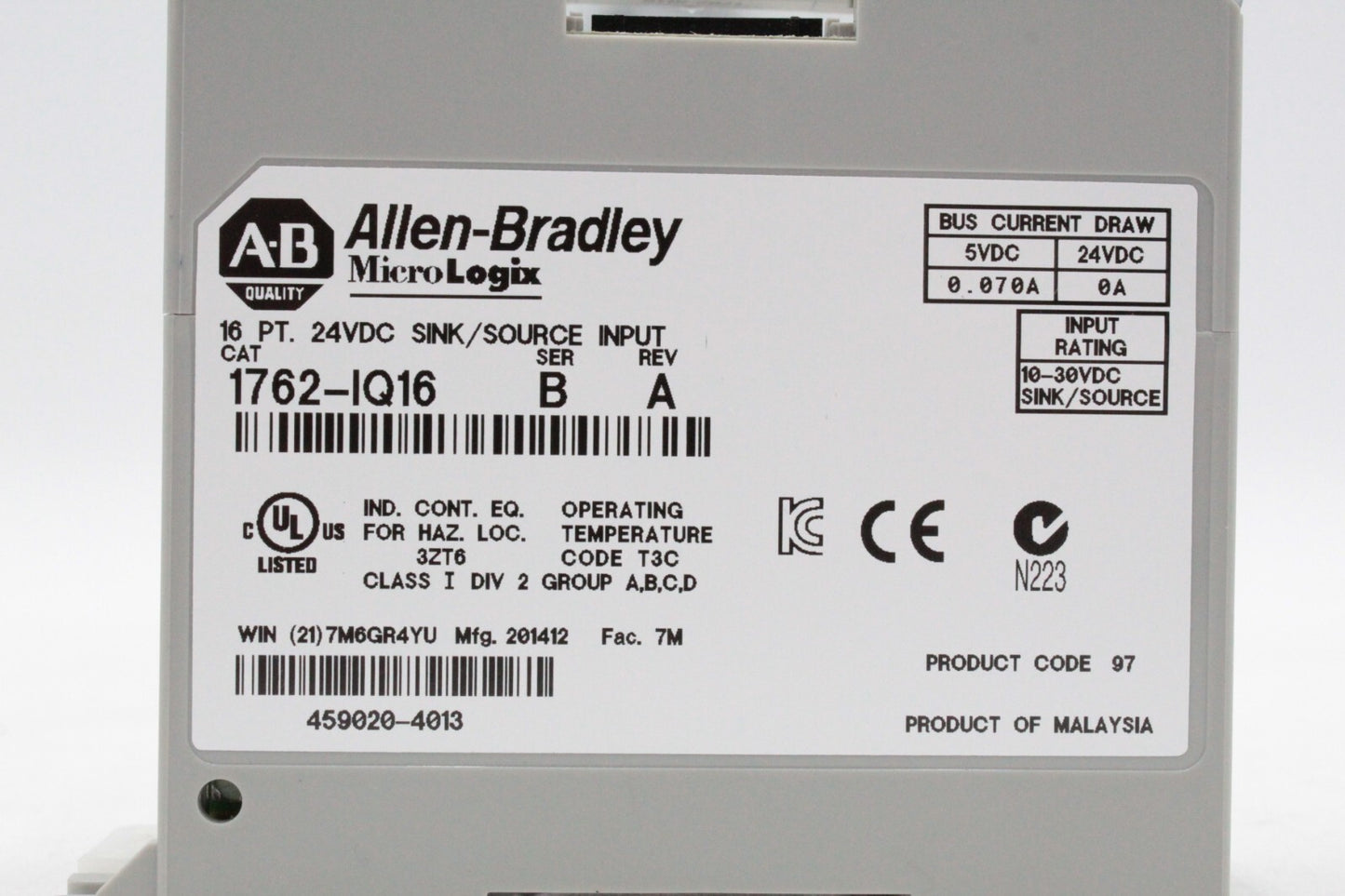 Allen-Bradley 1762-IQ16 Micrologix 26 Pt. Source Input Module (Missing Cover)