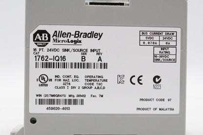 Allen-Bradley 1762-IQ16 Micrologix 26 Pt. Source Input Module (Missing Cover)