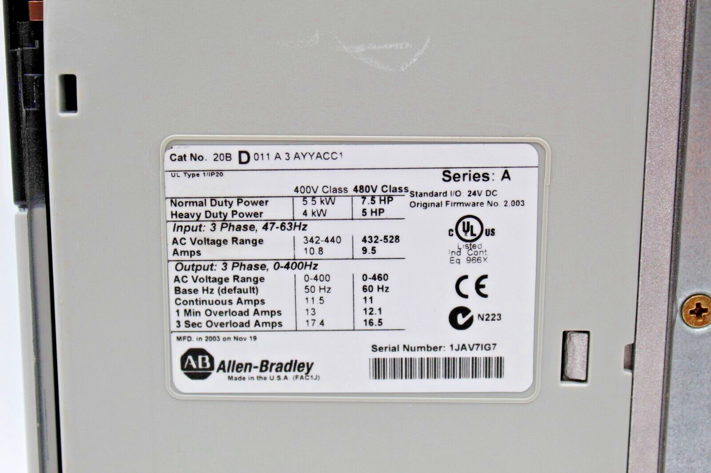 Allen-Bradley 20BD011A3AYYACC1 PowerFlex 700 3-Phase 7.5hp AC Drive