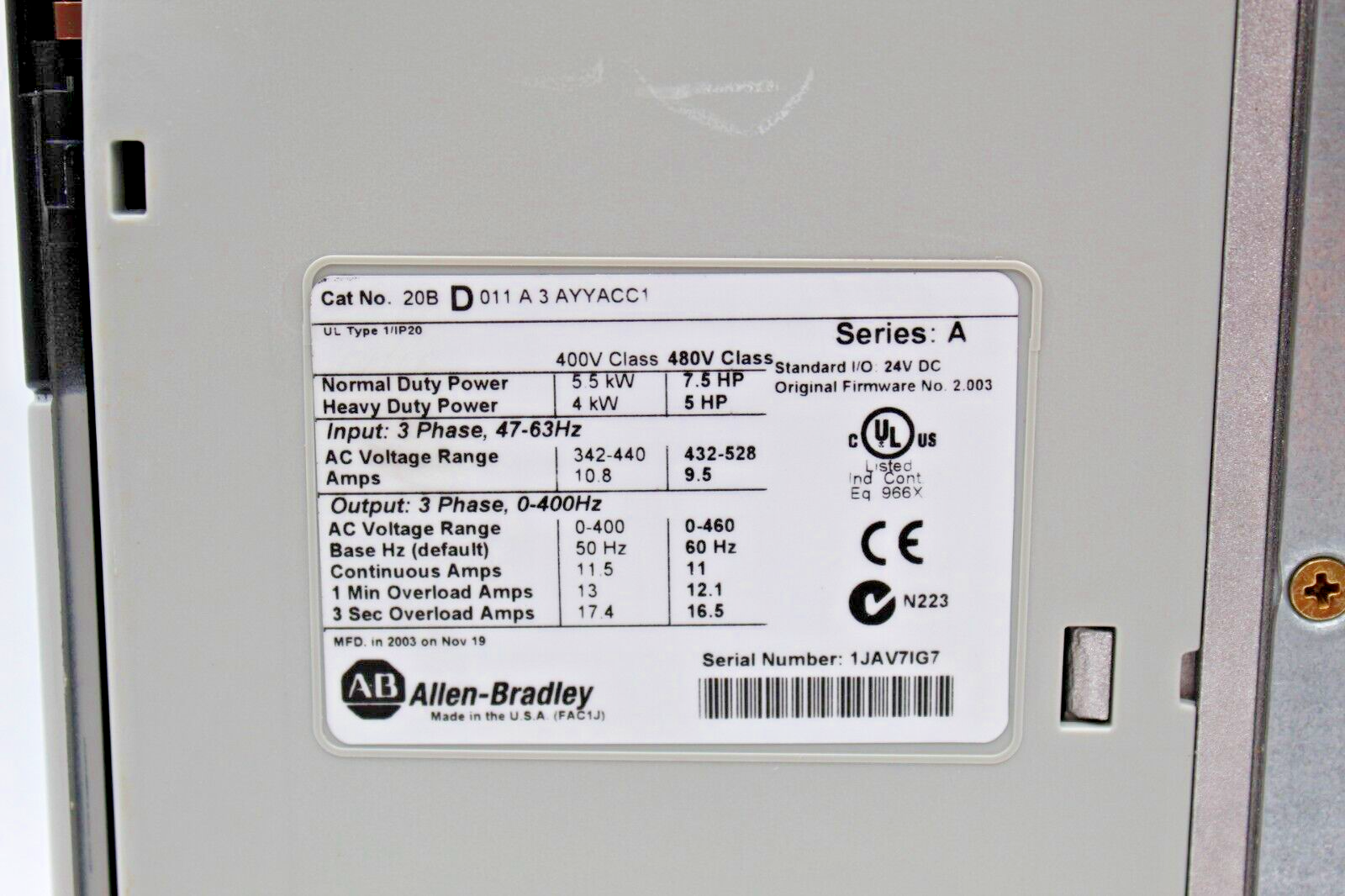 Allen-Bradley 20BD011A3AYYACC1 PowerFlex 700 3-Phase 7.5hp AC Drive