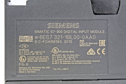 Siemens 6ES7 321-1BL00-0AA0 Simatic S7-300 Digital Input Module (No Cover)