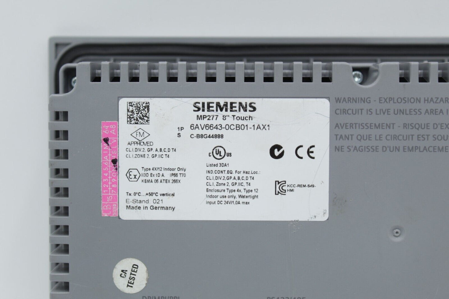 Siemens 6AV6643-0CB01-1AX1 Simatic MP 277 8" Operator Interface Panel READ 1