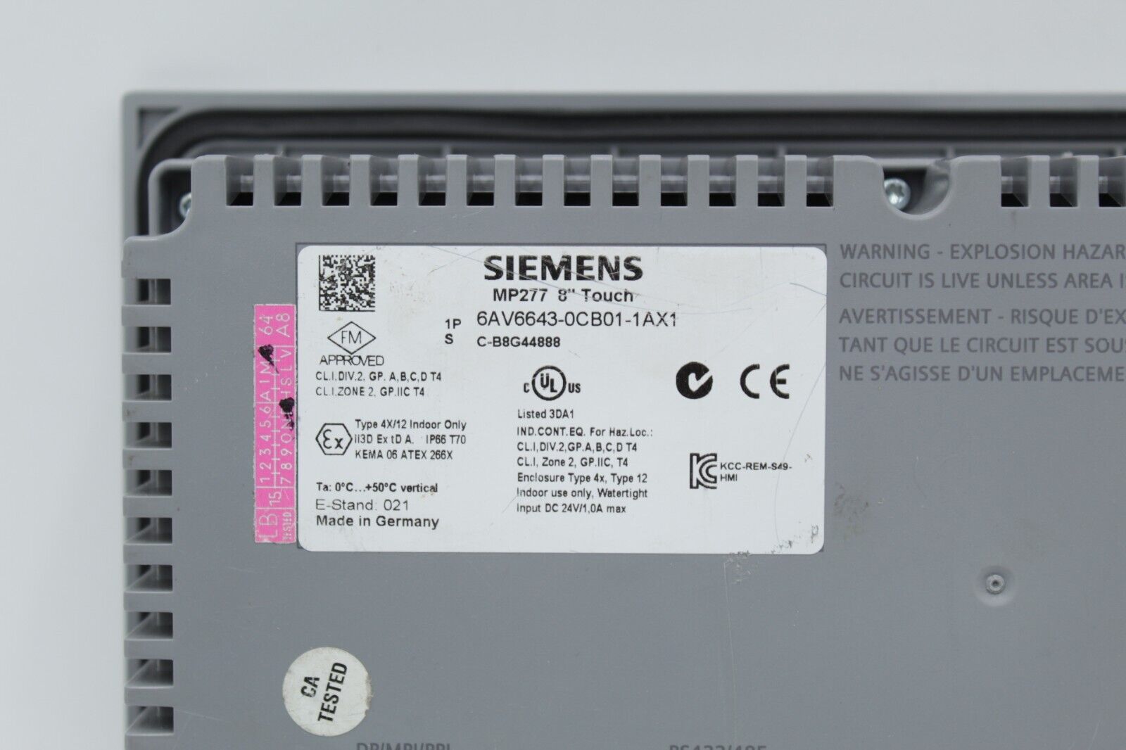 Siemens 6AV6643-0CB01-1AX1 Simatic MP 277 8" Operator Interface Panel READ 1