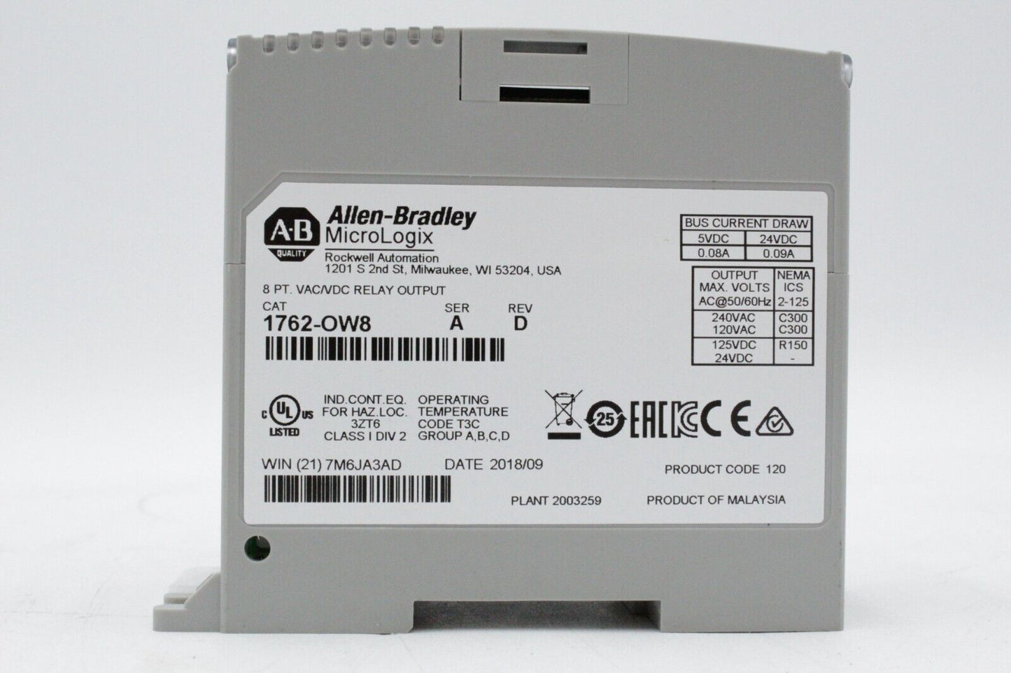 Allen-Bradley 1762-OW8 MicroLogix 8 Point VAC/VDC Relay Output Module
