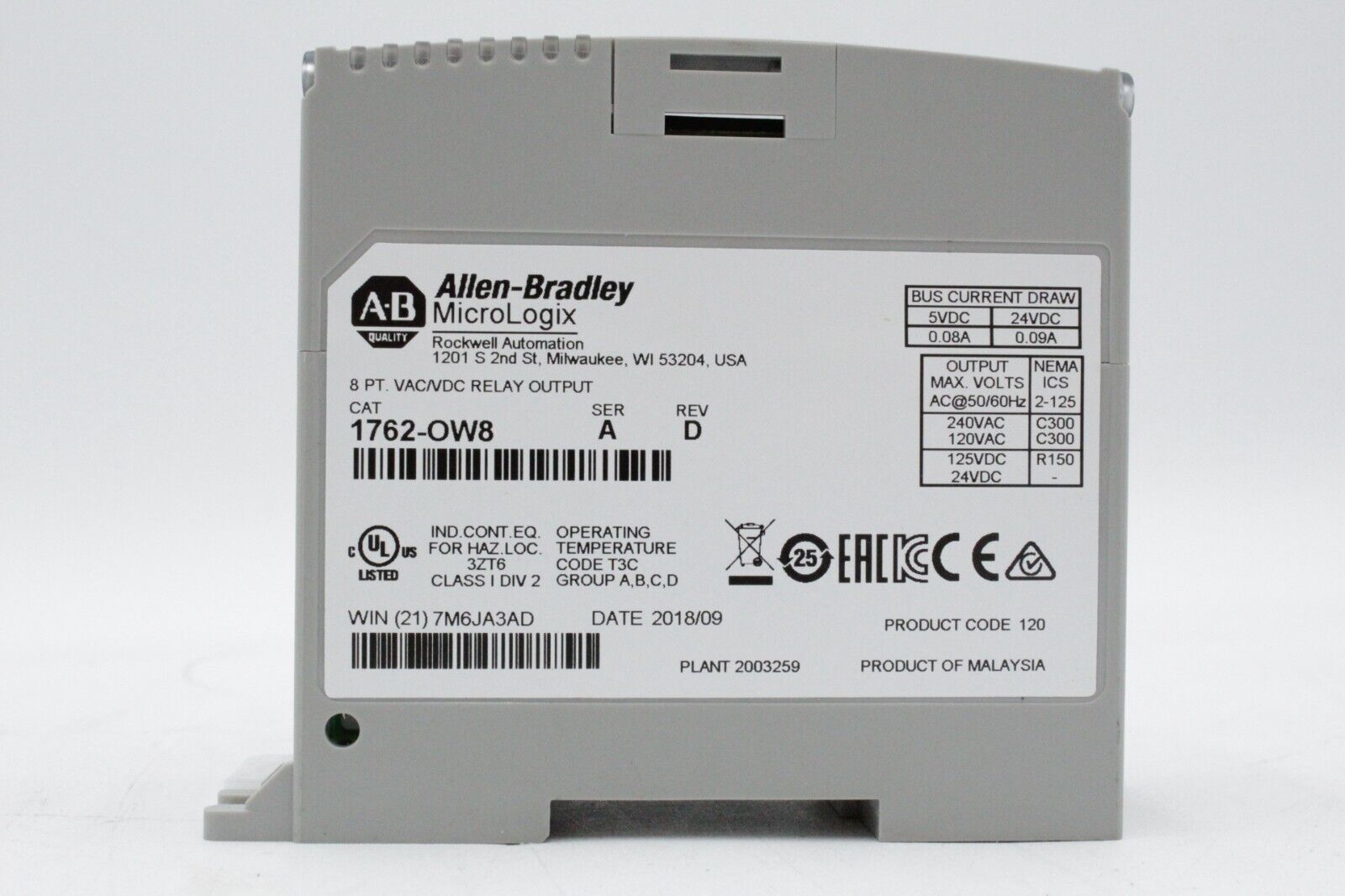 Allen-Bradley 1762-OW8 MicroLogix 8 Point VAC/VDC Relay Output Module
