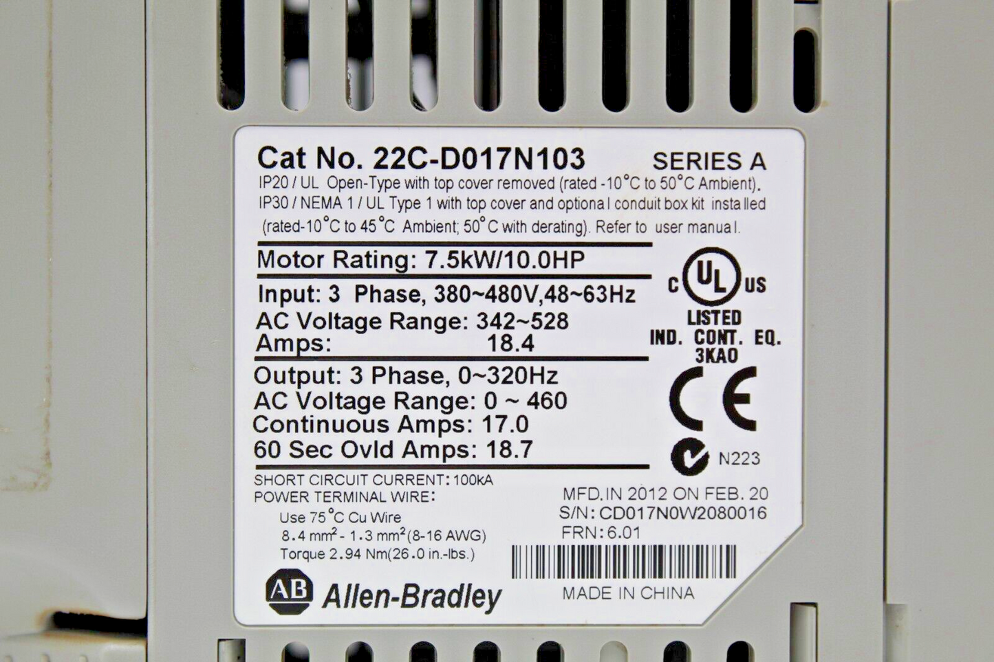Allen-Bradley 22C-D017N103 PowerFlex 400 Adjustable Frequency AC Drive