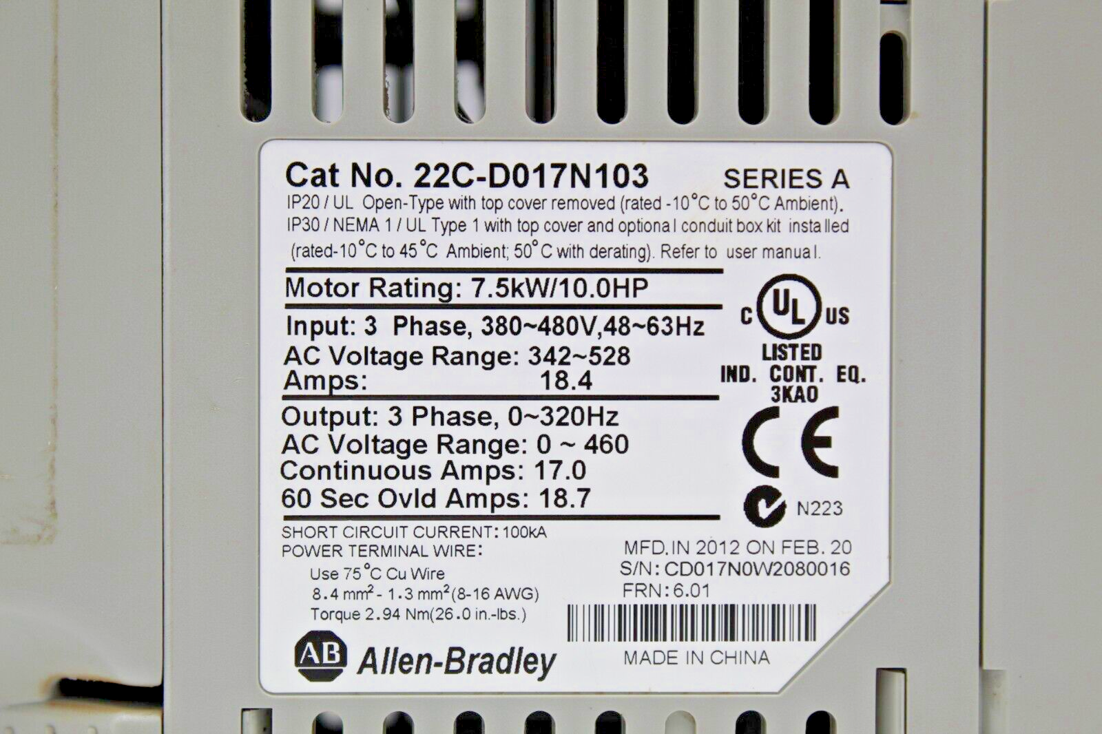 Allen-Bradley 22C-D017N103 PowerFlex 400 Adjustable Frequency AC Drive