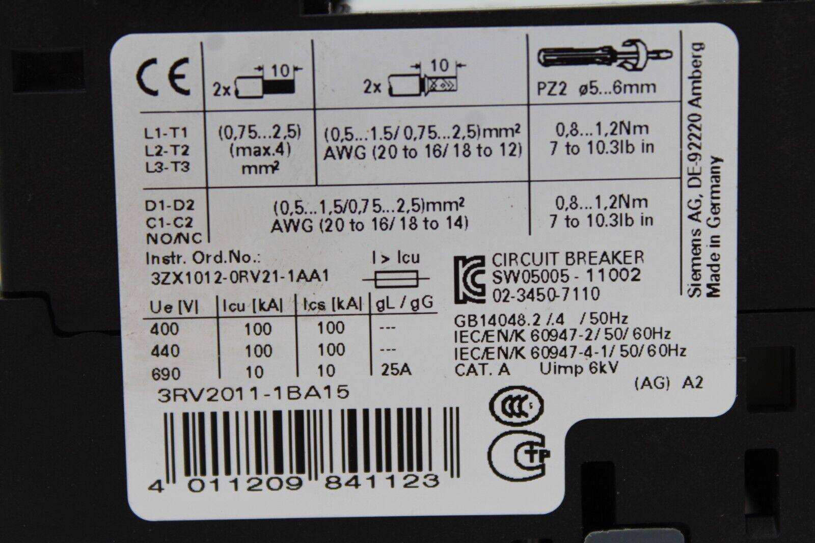 Siemens 3RV2011-1BA15 Circuit Breaker