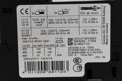 Siemens 3RV2011-1BA15 Circuit Breaker