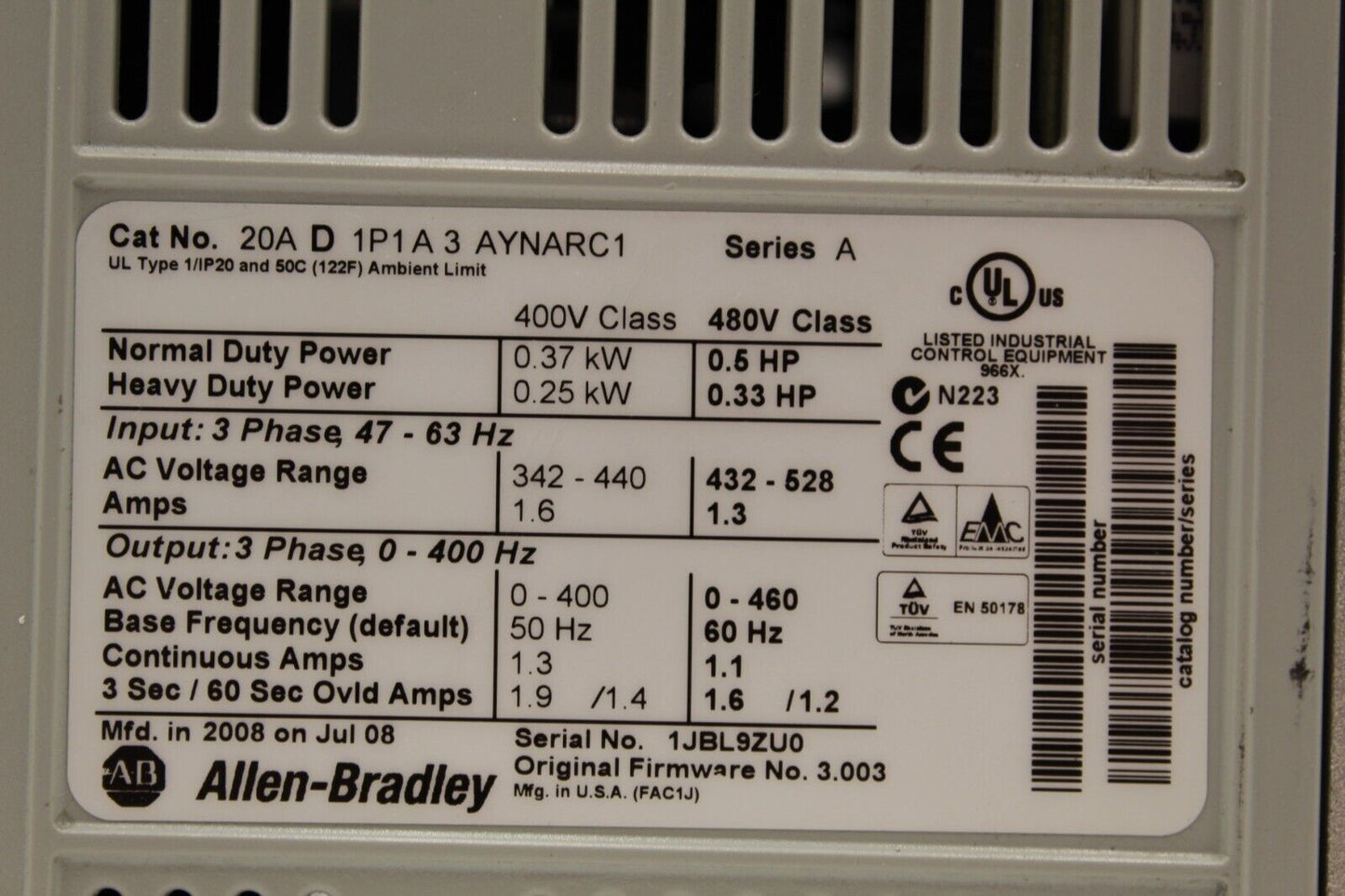 Allen-Bradley 20AD1P1A3AYNARC1 PowerFlex 70 Drive
