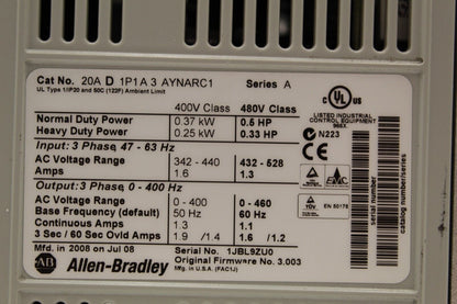 Allen-Bradley 20AD1P1A3AYNARC1 PowerFlex 70 Drive