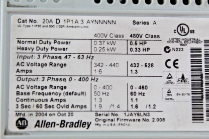 Allen-Bradley 20AD1P1A3AYNNNNN Powerflex 70 Drive