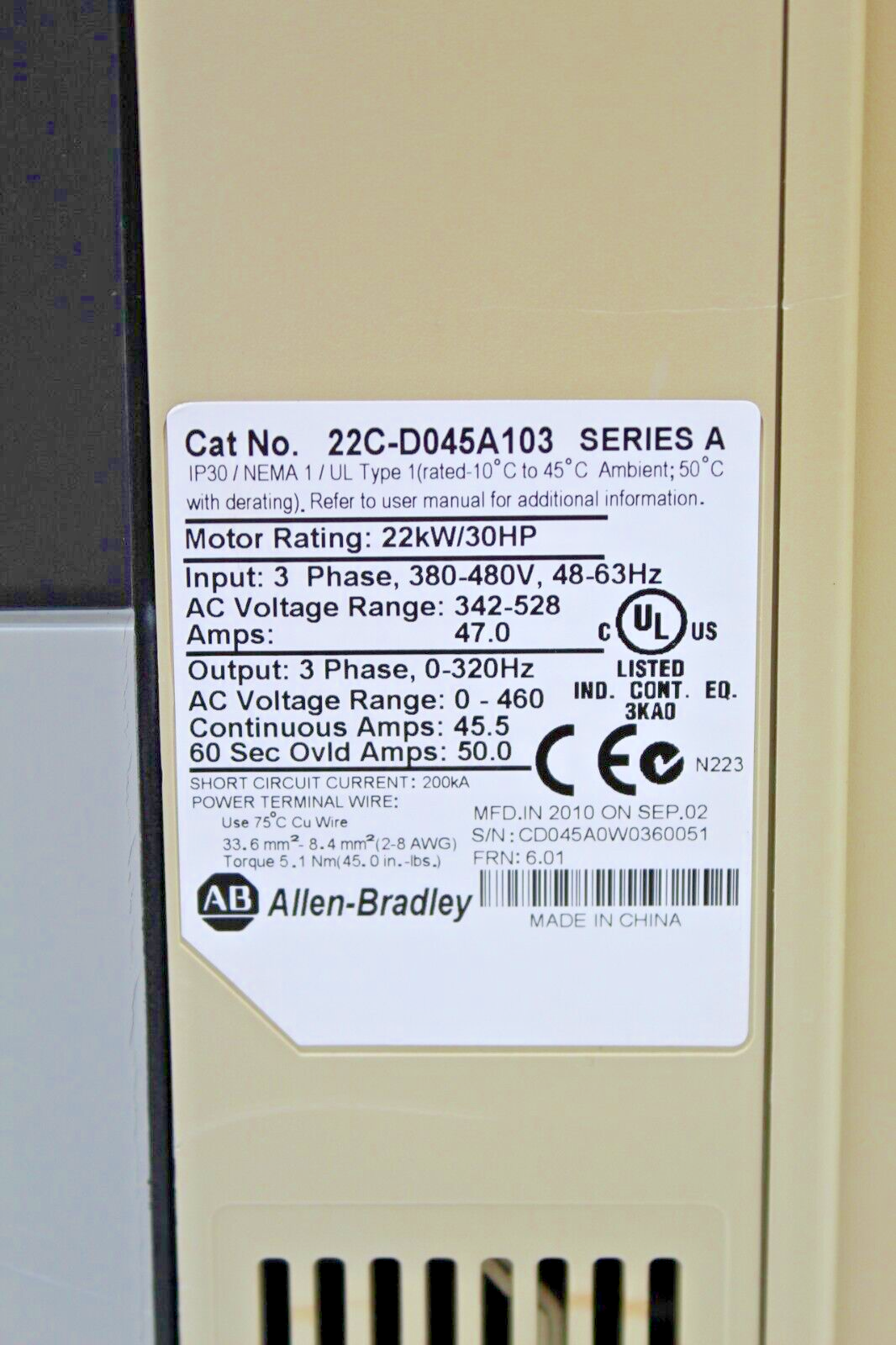 Allen-Bradley 22C-D045A103 PowerFlex 400 30hp Adjustable Frequency AC Drive