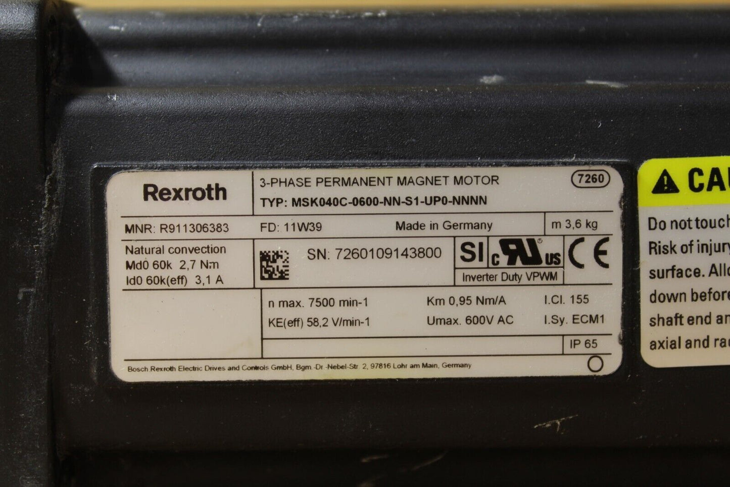 Rexroth Indramat MSK040C-0600-NN-S1-UP0-NNNN 3-Phase Permanent Magnet Motor