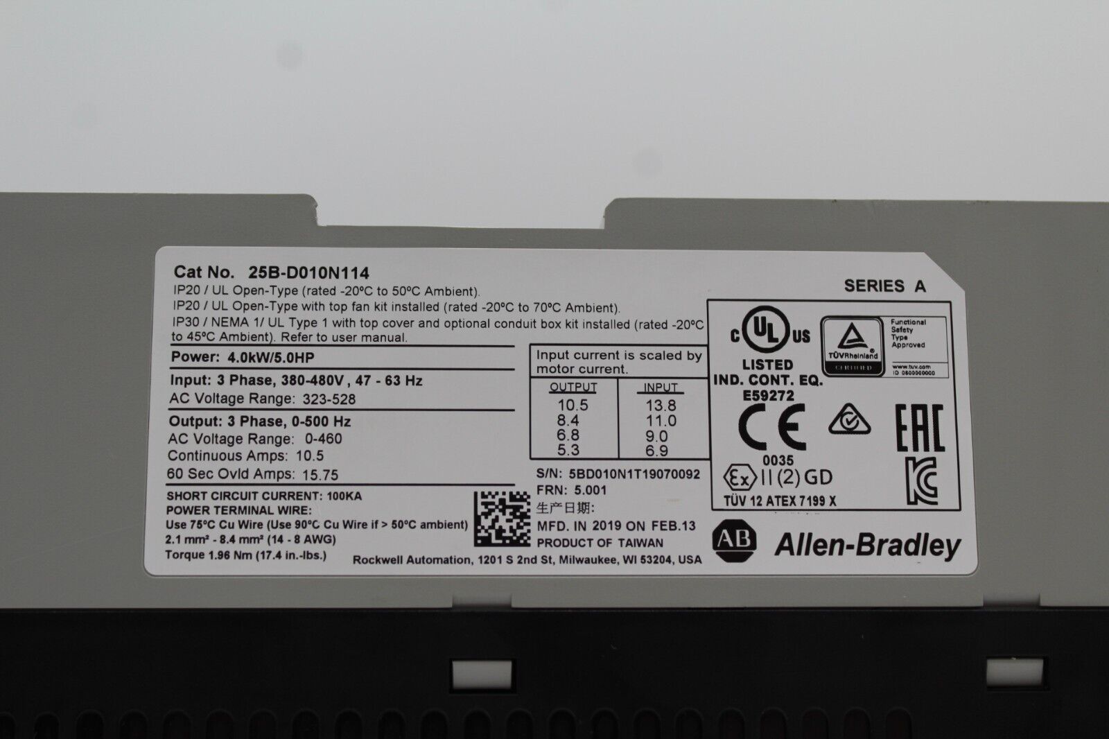 Allen-Bradley 25B-D010N114 Powerflex 525 AC Drive