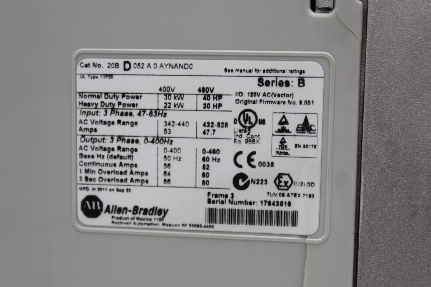 Allen-Bradley 20BD052A0AYNAND0 PowerFlex 70 AC Drive