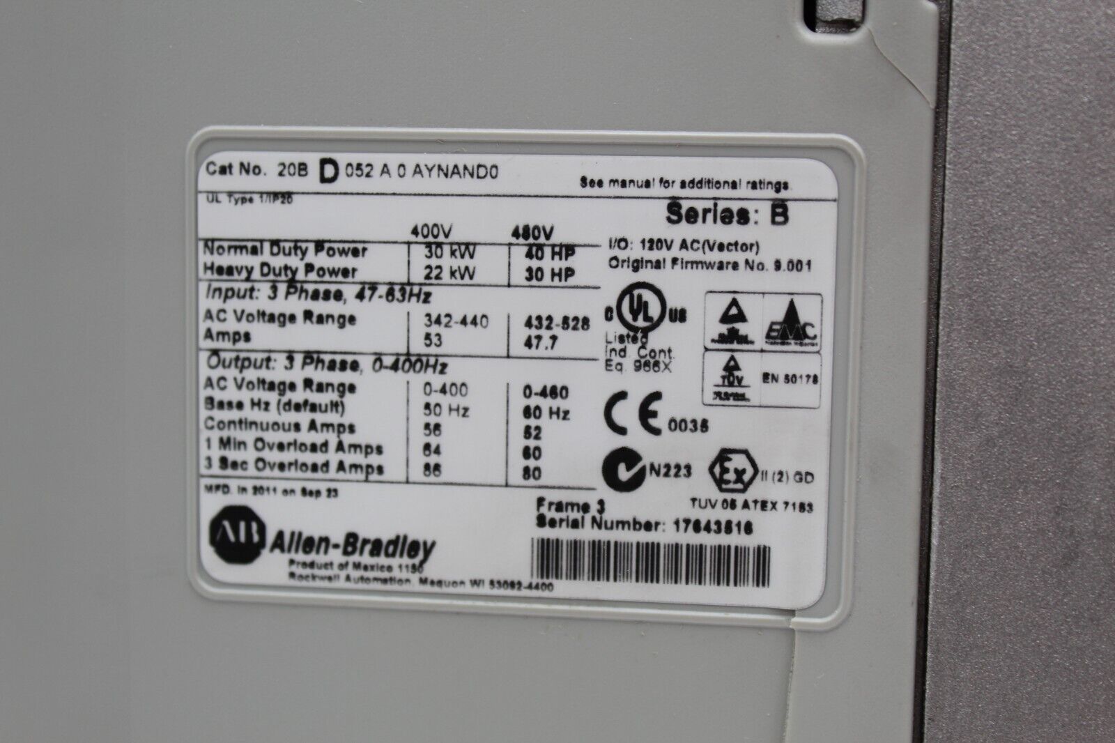 Allen-Bradley 20BD052A0AYNAND0 PowerFlex 70 AC Drive