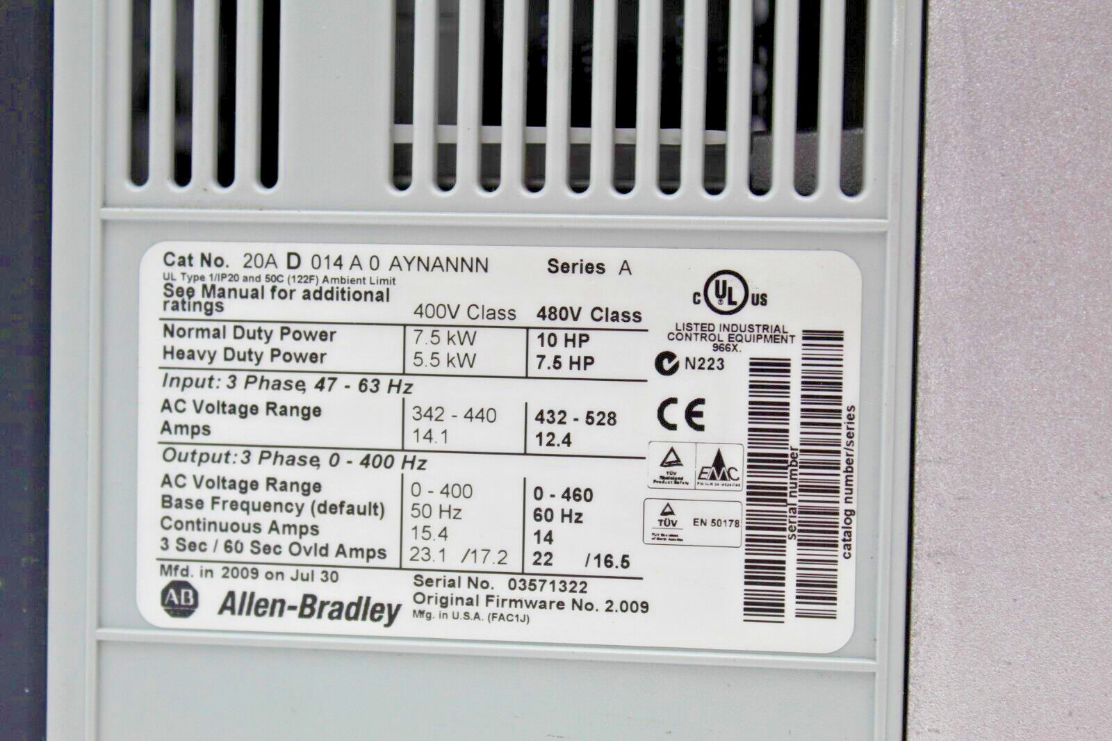 Allen-Bradley 20AD014A0AYNANNN PowerFlex 70 AC Drive