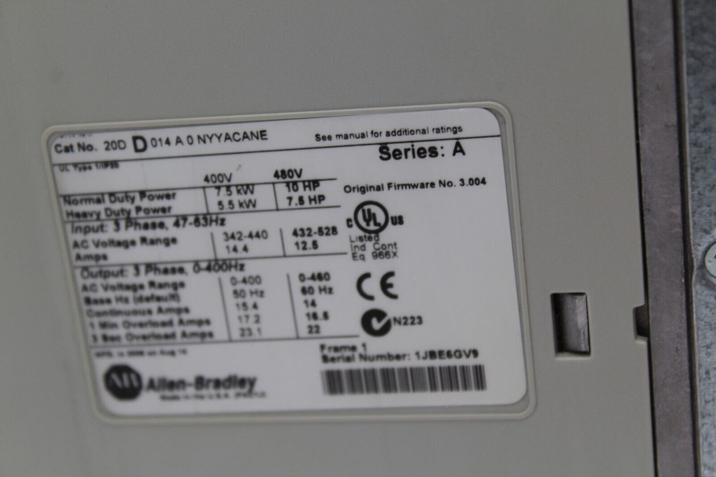 Allen-Bradley 20DD014A0NYYACANE PowerFlex 700s 3-Phase AC Drive (No Side Cover)