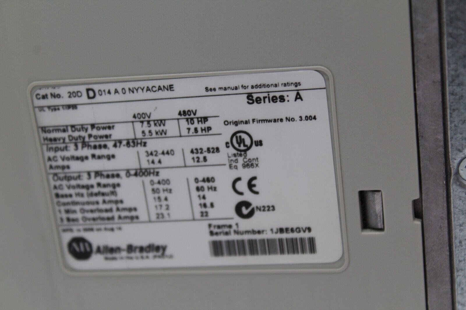 Allen-Bradley 20DD014A0NYYACANE PowerFlex 700s 3-Phase AC Drive (No Side Cover)