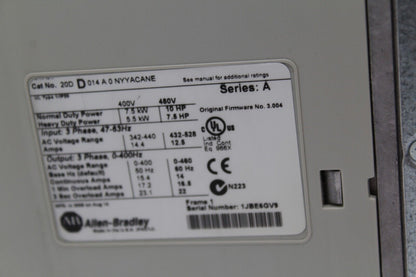Allen-Bradley 20DD014A0NYYACANE PowerFlex 700s 3-Phase AC Drive (No Side Cover)