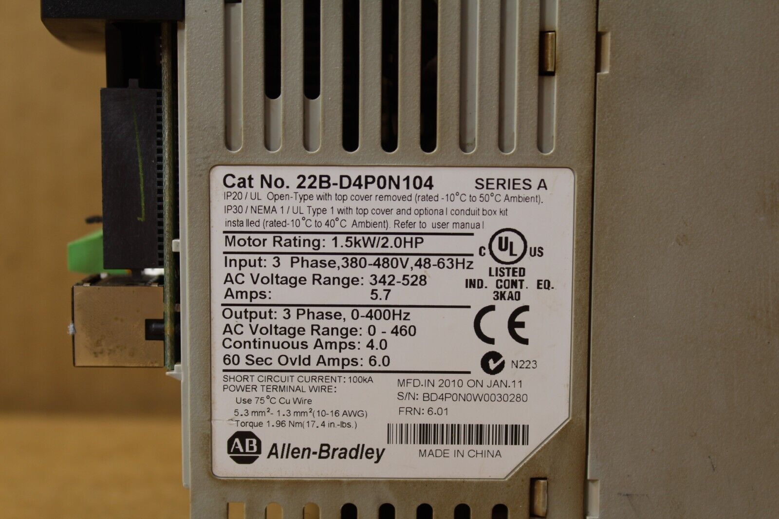 Allen-Bradley 22B-D4P0N104 Powerflex AC Drive (No Cover)
