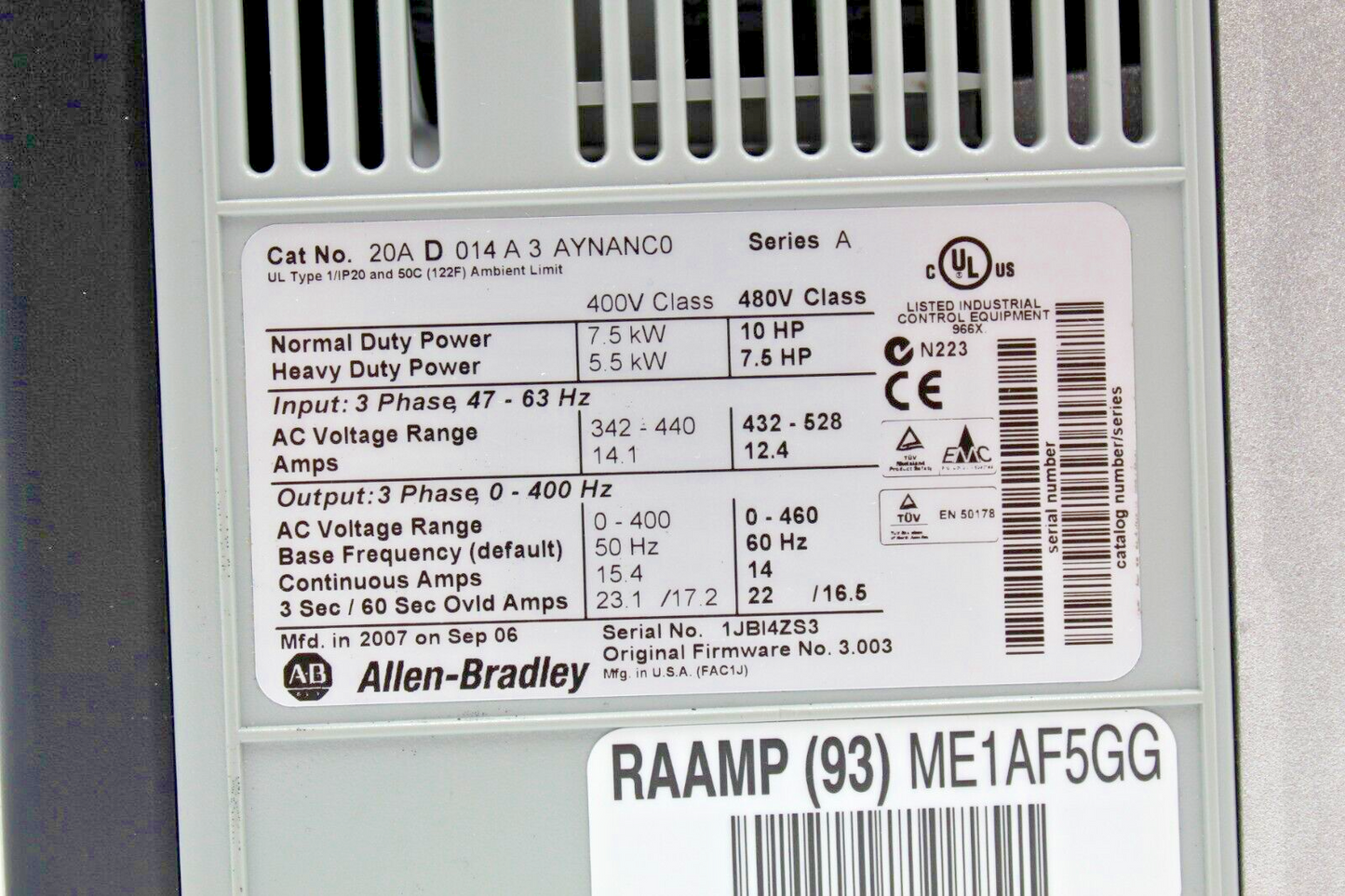 Allen-Bradley 20AD014A3AYNANC0 PowerFlex 70 Adjustable Frequency Drive