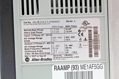 Allen-Bradley 20AD014A3AYNANC0 PowerFlex 70 Adjustable Frequency Drive