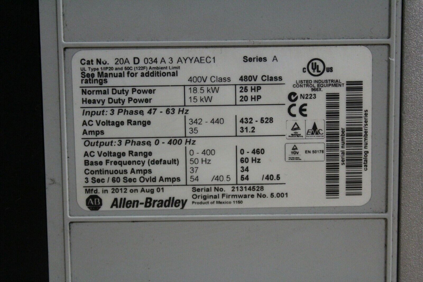 Allen Bradley PowerFlex 70 20AD034A3AYYAEC1 Drive