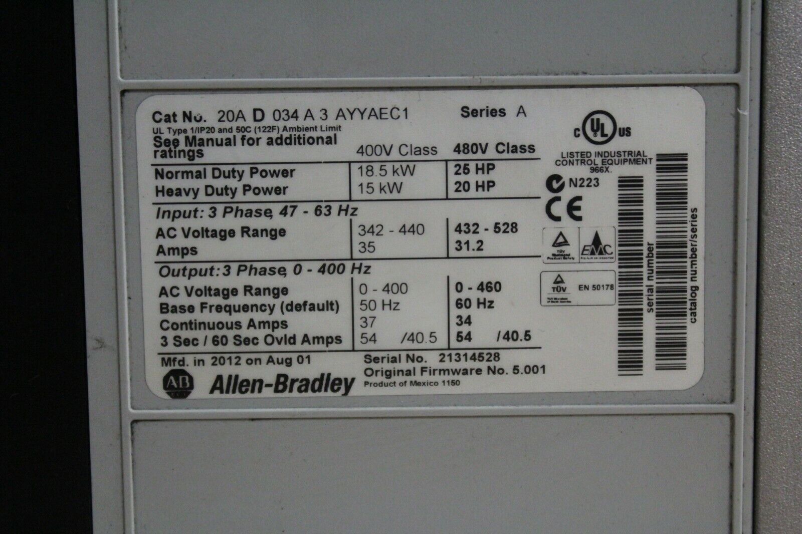 Allen Bradley PowerFlex 70 20AD034A3AYYAEC1 Drive