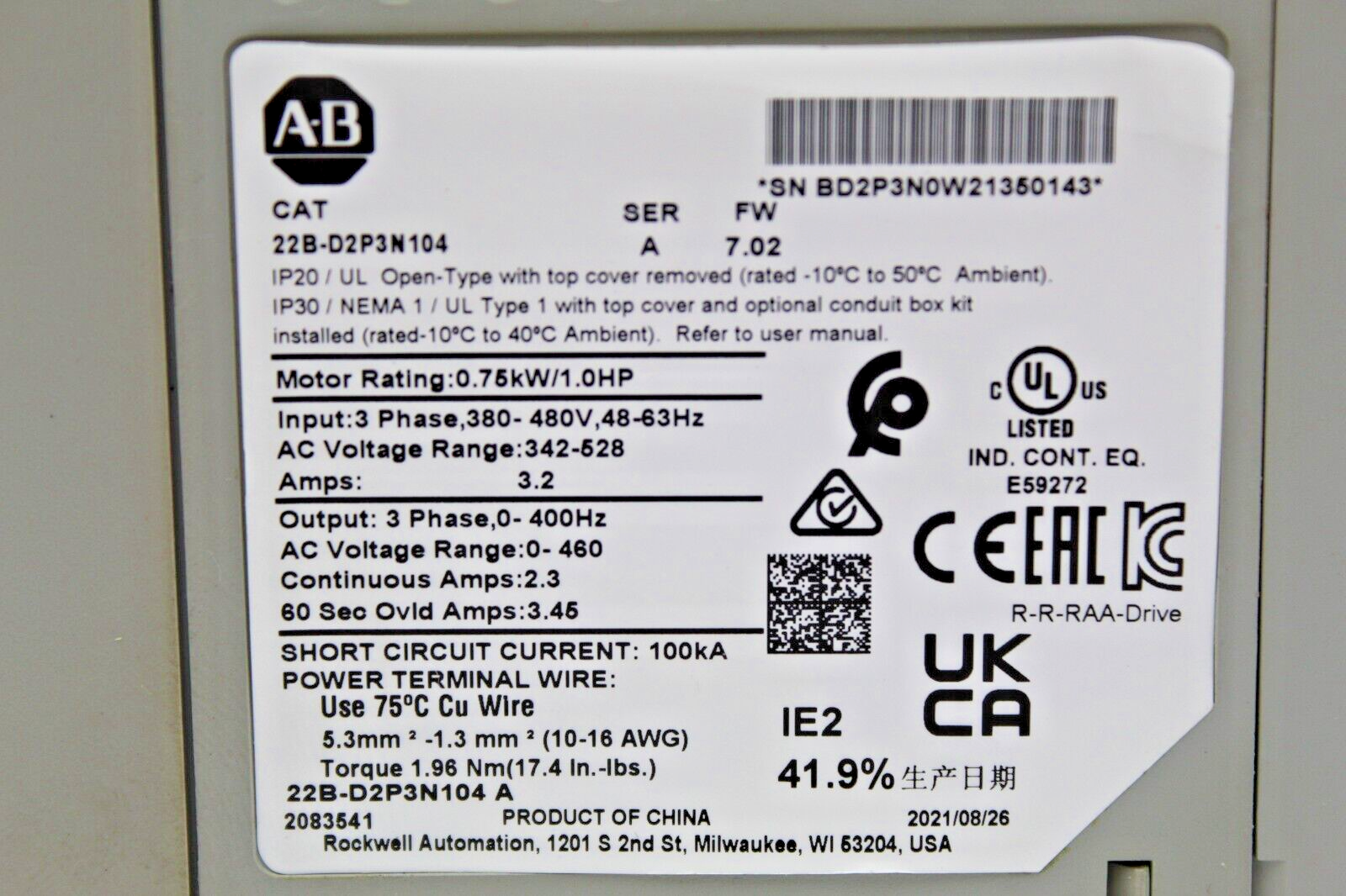 Allen-Bradley 22B-D2P3N104 Powerflex 40 Drive w/Ethernet Port