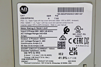 Allen-Bradley 22B-D2P3N104 Powerflex 40 Drive w/Ethernet Port