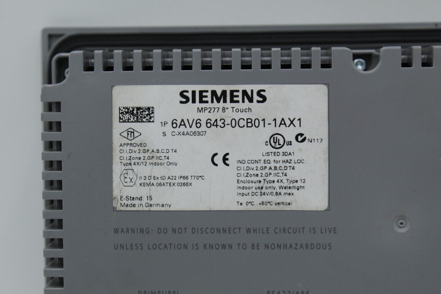 Siemens 6AV6643-0CB01-1AX1 Simatic MP 277 8" Operator Interface Panel READ 4